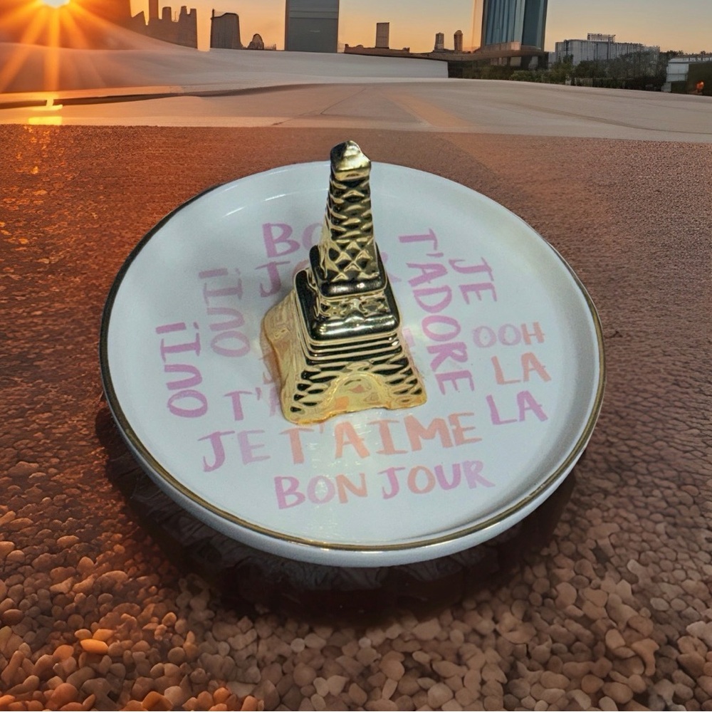 Ciroa Eiffel Tower Ring Holder Dish Gold White Pink French Phrases Stoneware 5in